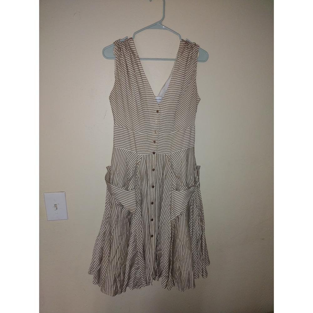 Calvin Klein Tan White Striped Button Front Midi Dress Sleeveless V-Neck Pockets